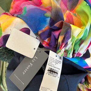 Liv Foster, floral one-sleeve dress with asymmetrical ruffled hem, NWT, Size 12